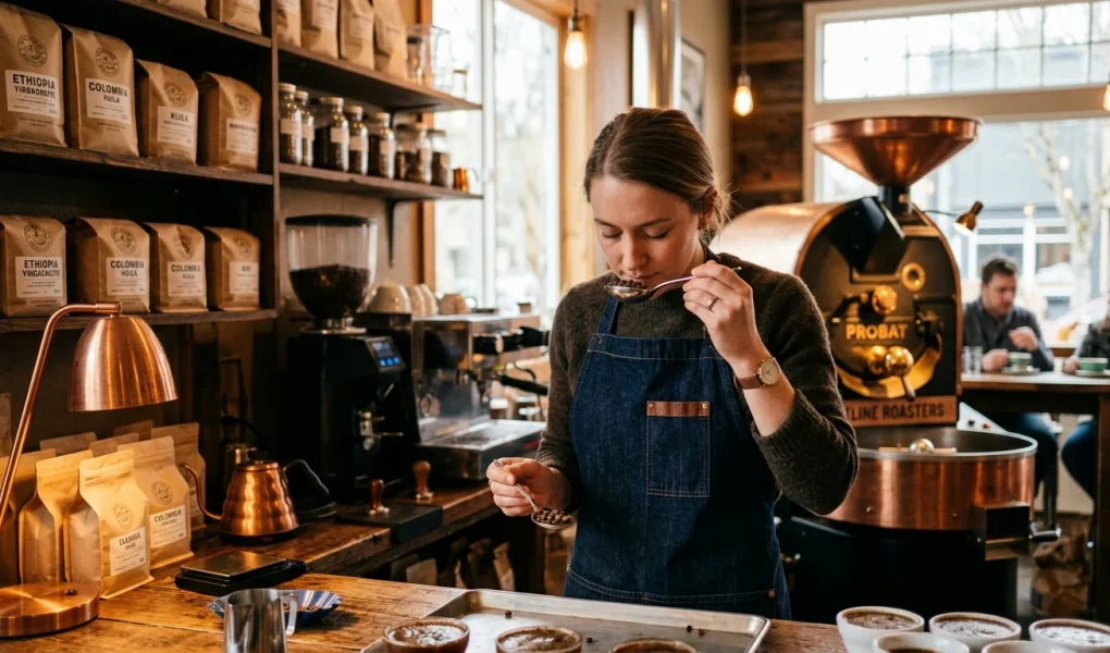 Baristka hodnotící výběrovou kávu v moderní pražírně