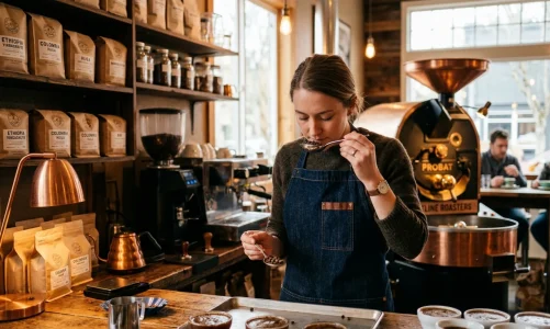 Baristka hodnotící výběrovou kávu v moderní pražírně