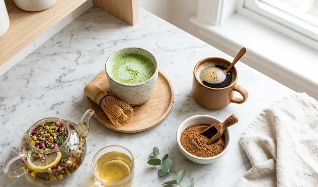 Různé zdravé alternativy ke kávě včetně matcha čaje a čekankového nápoje