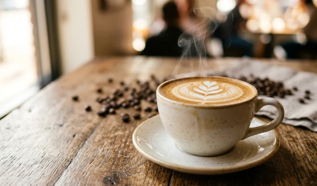 Čerstvě připravený šálek kávy s latte art a kávovými zrny