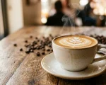 Čerstvě připravený šálek kávy s latte art a kávovými zrny